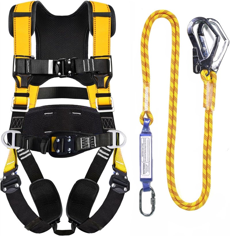 Whitedew Fall Protection Premium Safety Harness with Shock Absorbing Lanyard, Vented & Padded Shoulder, Legs & Back - Upgrade 4 Quick Buckles (Yellow) - Image 1